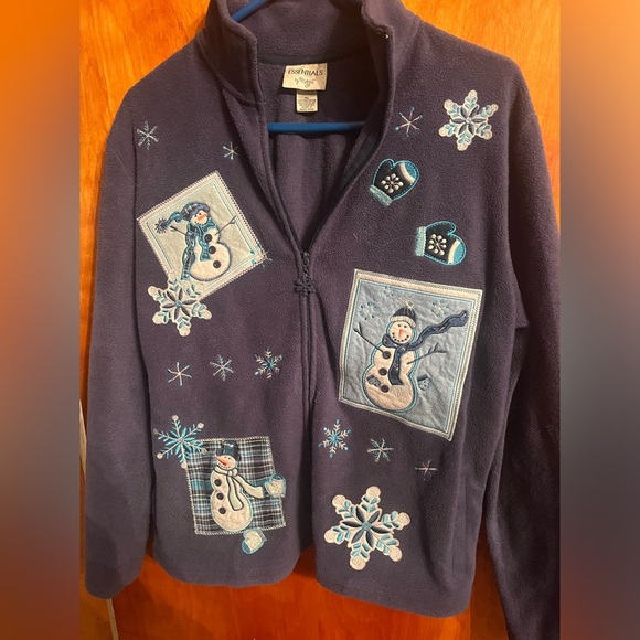 essentials by maggie Sweaters - Christmas Snowman Fleece Essential by Maggie Size Large Christmas Sweater Blue